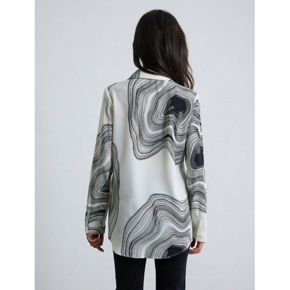 Marble Print Button Down Collared Long Sleeve Dress Shirt Top - Picture 5 of 9